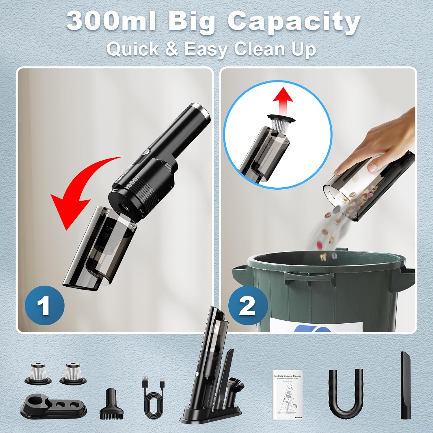 Handheld Vacuum Cordless,10Kpa Powerful Suction Car Vacuum with 2-Speed, Vacuum Cleaner with Charging Dock, Portable Lightweight 4-In-1 Mini Hand Held Vacuum for Car Home Pet Office and Pet Hair